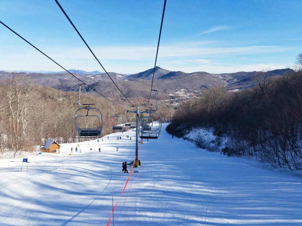 View of the skiers below the ski lift in Western North Carolina
