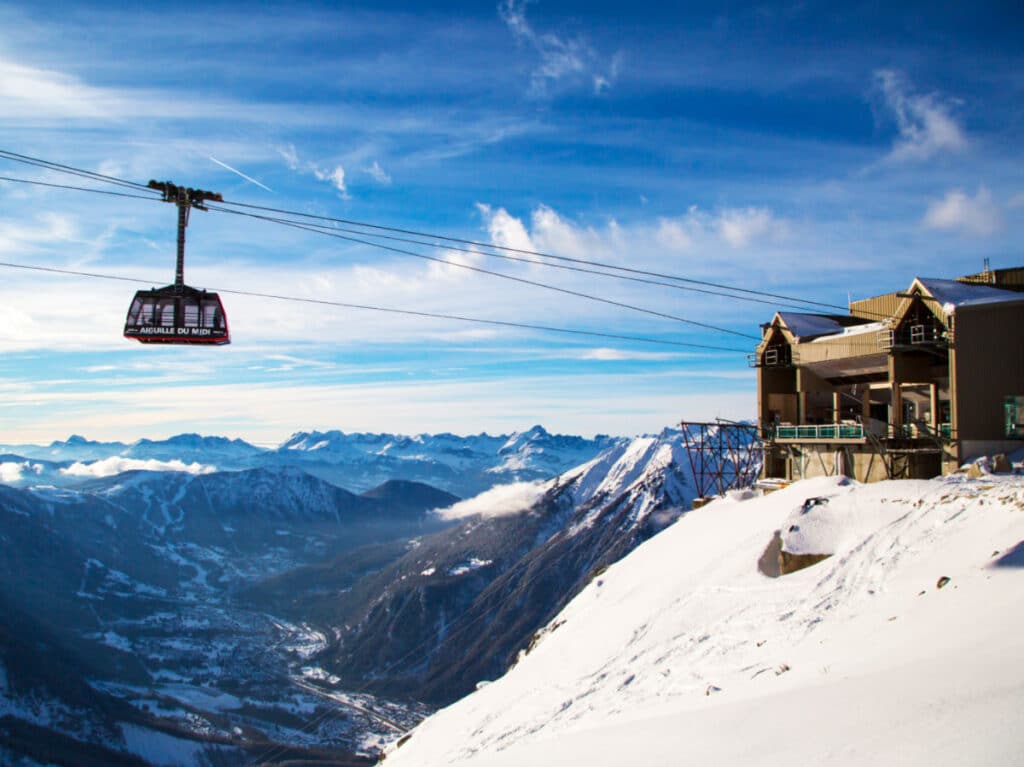 A cable car from a ski resort in Chamonix in winter