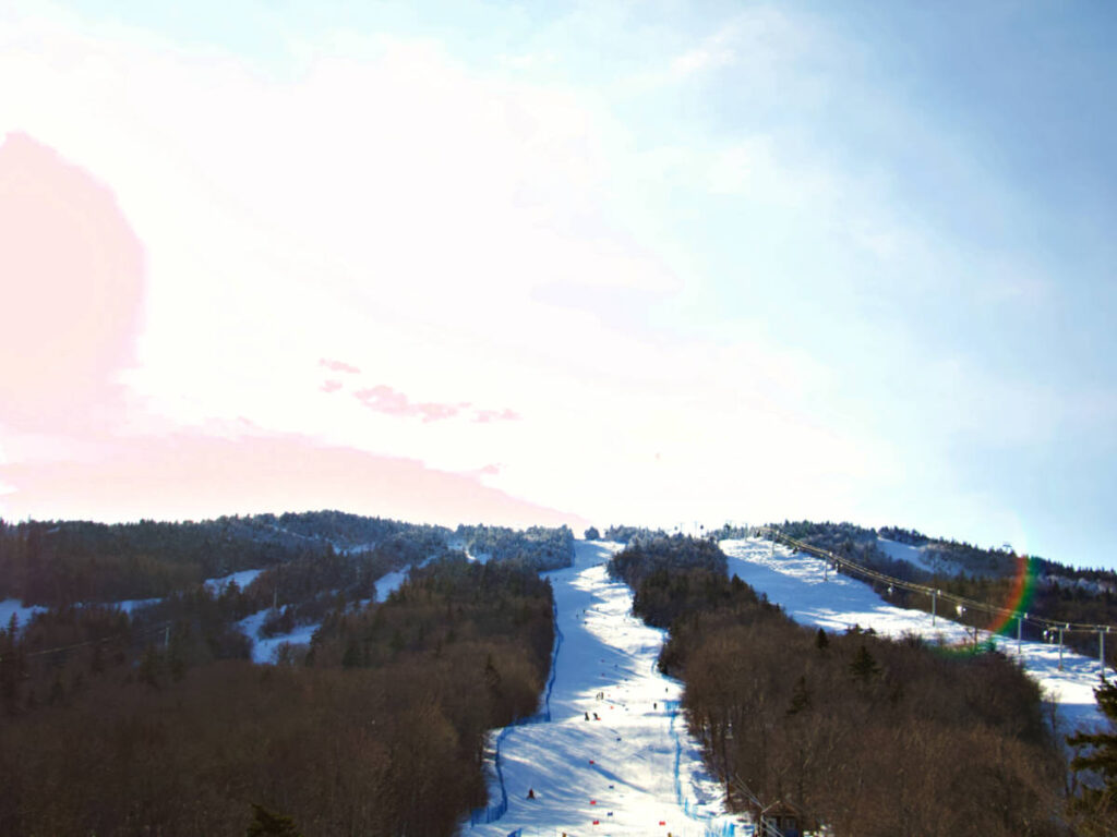 View of the ski slopes on Stratton Mountain on a sunny winter day