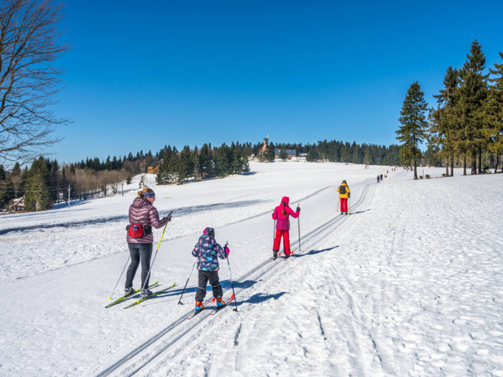 A family skiing on a sunny winter day