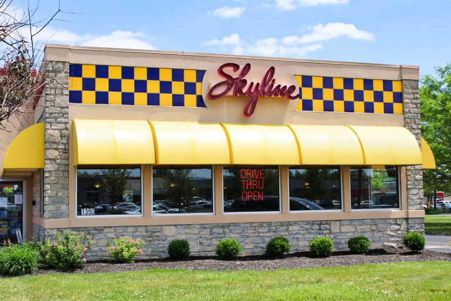 View of the yellow exterior of Skyline Chili restaurant