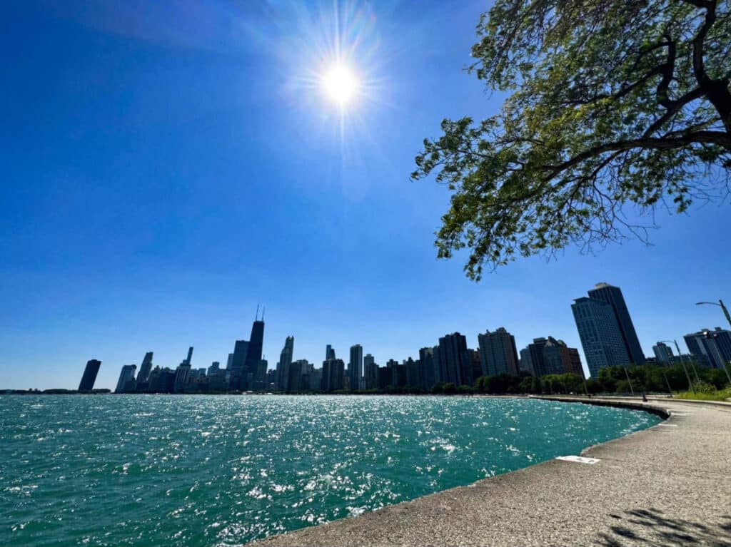 Picturesque skyline views from the Lakefront Trail on a sunny day