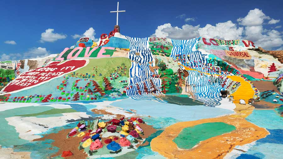 View of a colorful area called Salvation Mountain