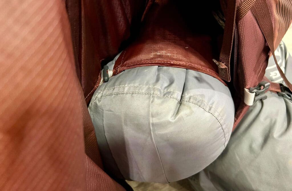 Close up view of the sleeping bag compartment of the Gregory Maven backpack