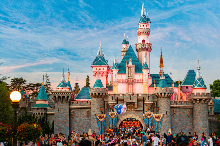 People going in and out the Sleeping Beauty Castle
