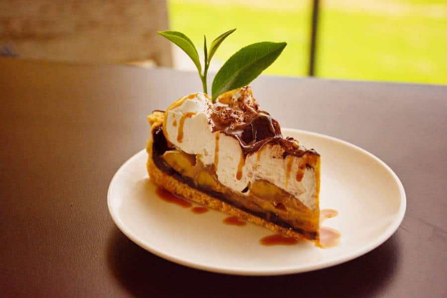 A slice of banoffee pie topped with whipped cream, caramel sauce and tea leaves on a plate