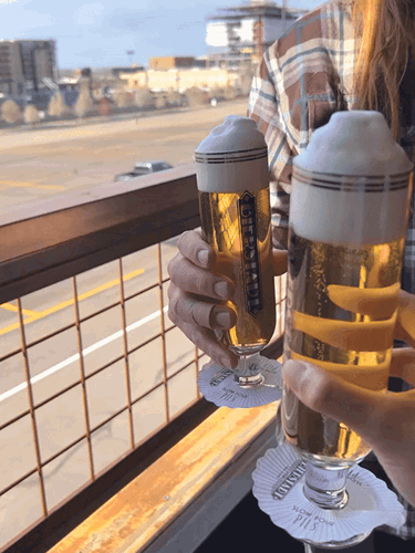 Two people having a toast with their glass of Slow Pour Pils