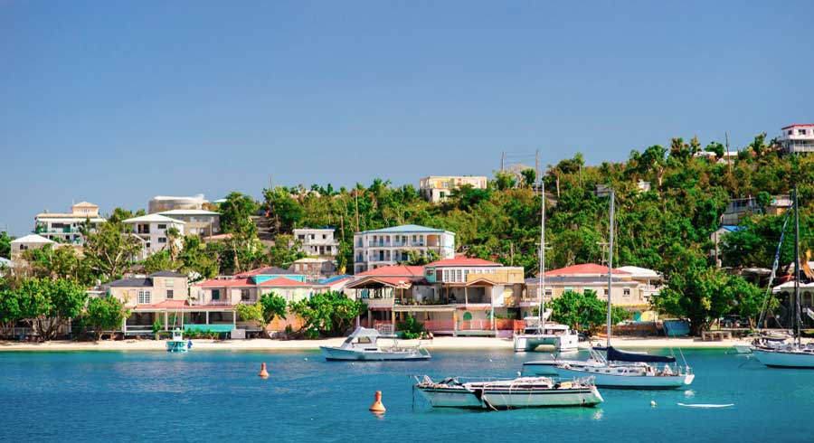 View of a small beach village from afar in Cruz Bay