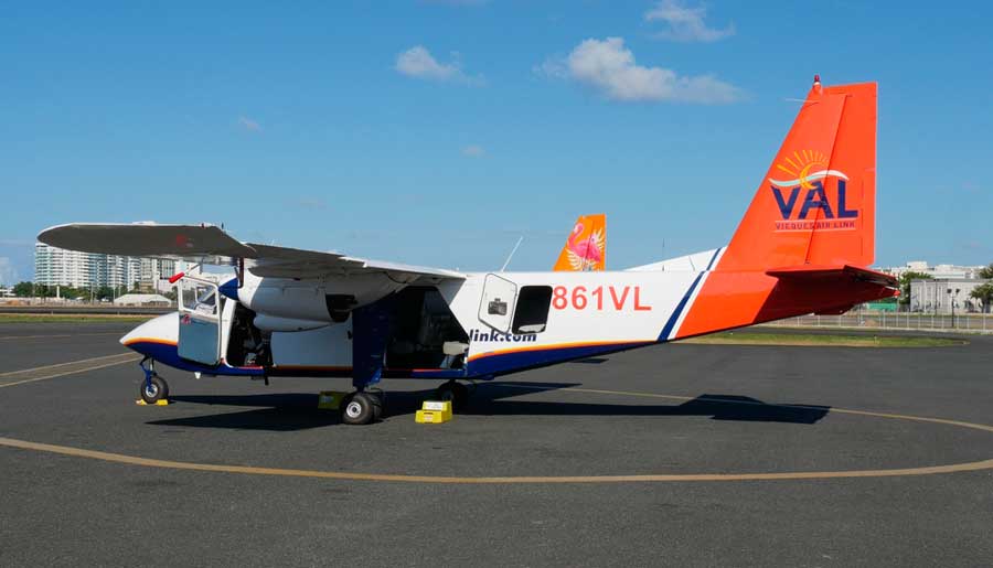 View of a small plane in Vieques and the clear blue sky above it