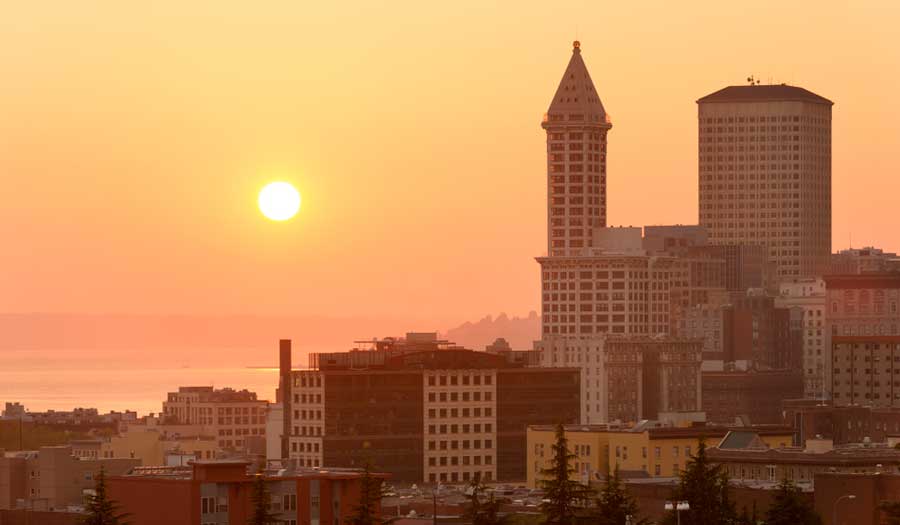 View of the Smith Tower during sunset