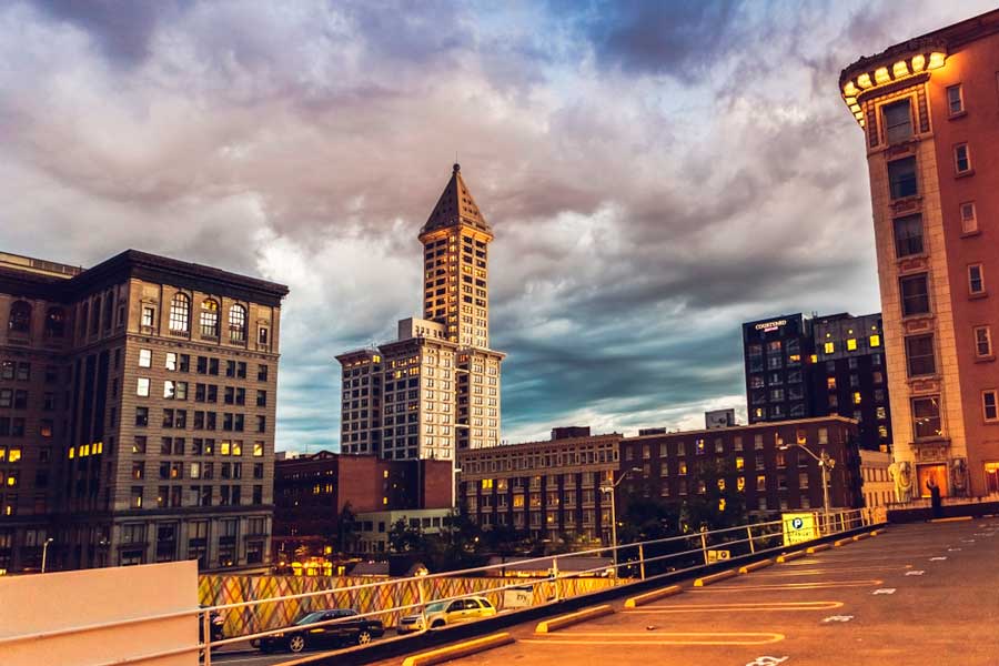 View of the Smith Tower in Seattle before night time