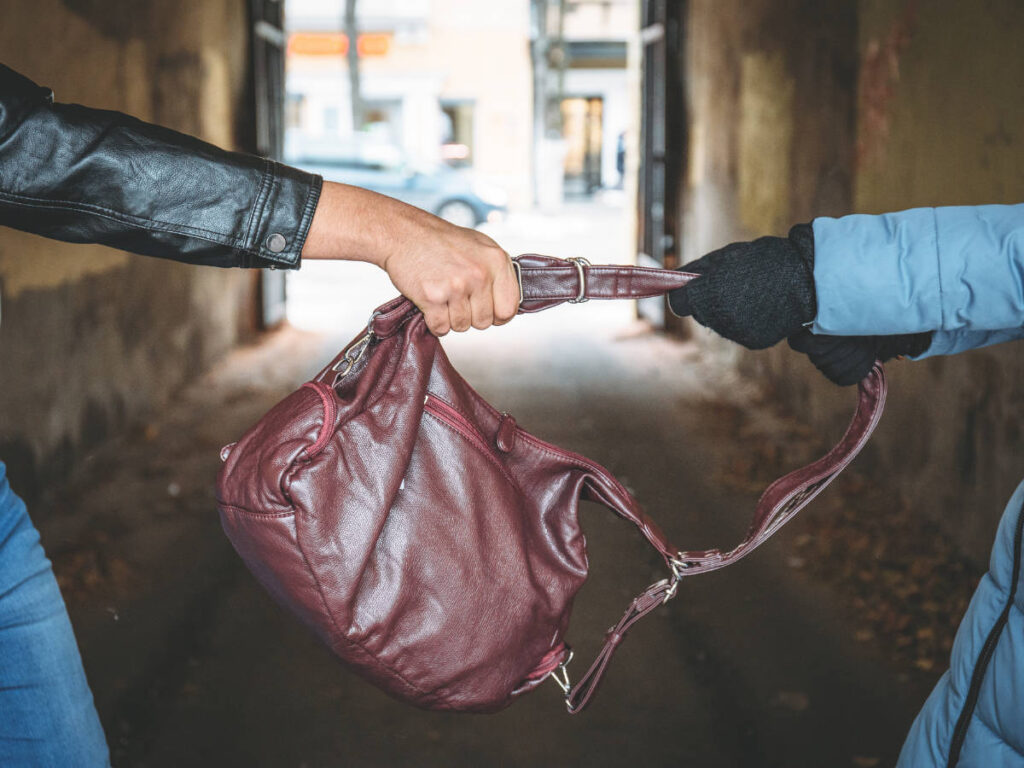 A snatcher snatching a bag from a woman's hand
