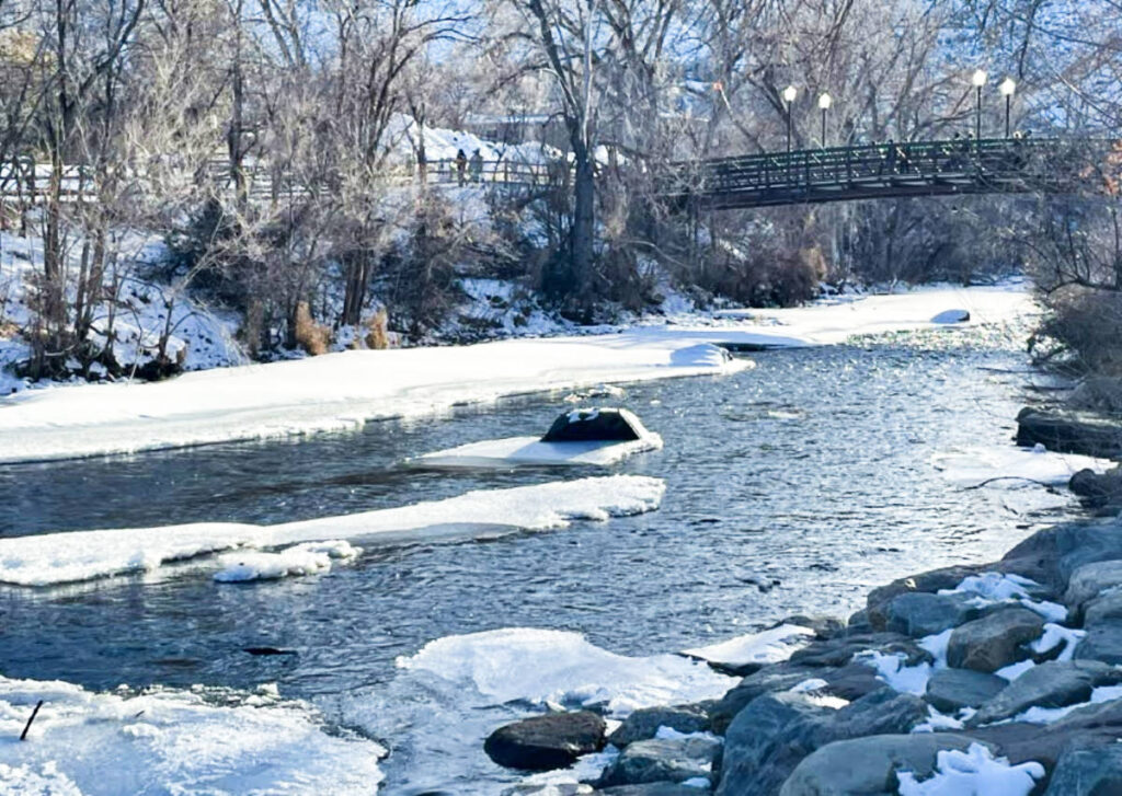 View of the frozen river in Downtown Golden
