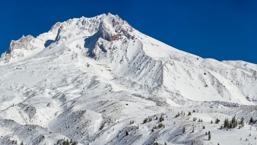 Closeup view of the snow covered peak of Mount Hood