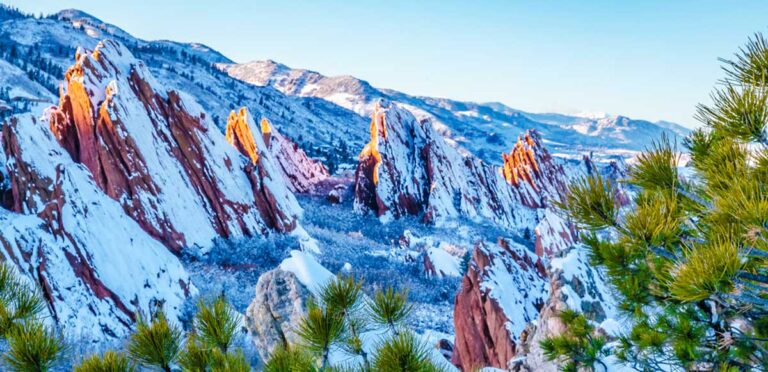 View of Snow-covered red rock formations