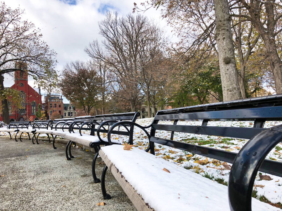 View of the snow covered benches and landscape in Cincinnati’s Washington Park