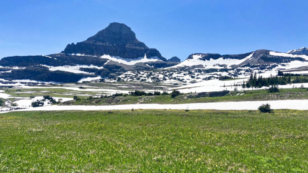 Panoramic view of the landscape and snow covered Glacier National Park