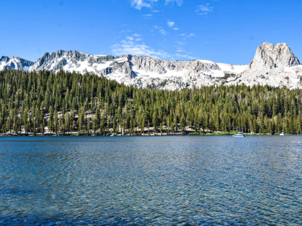 View of the snowy mountain tops with the lush trees at the bottom and the Mammoth Lakes