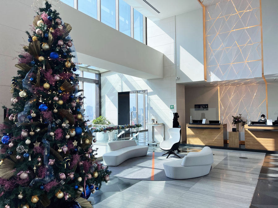 View of the Sofitel lounge area with a Christmas tree