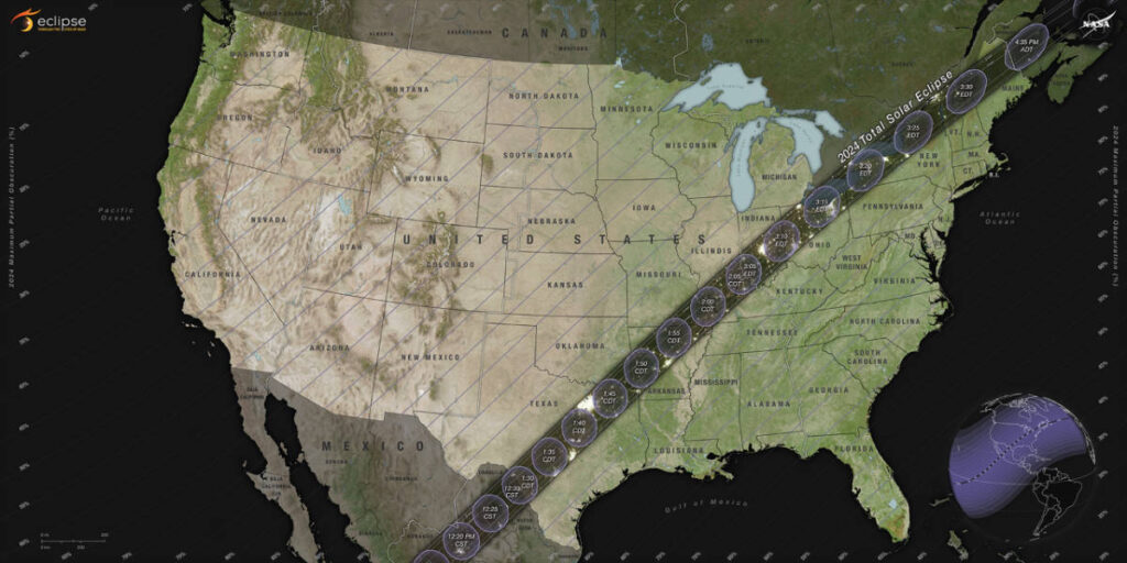 The NASA map showing the path of the solar eclipse across the US