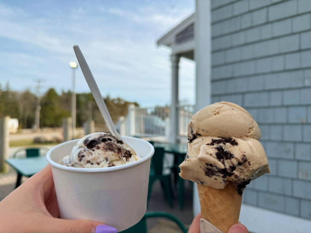 Holding up the ice cream at Somerset Creamery