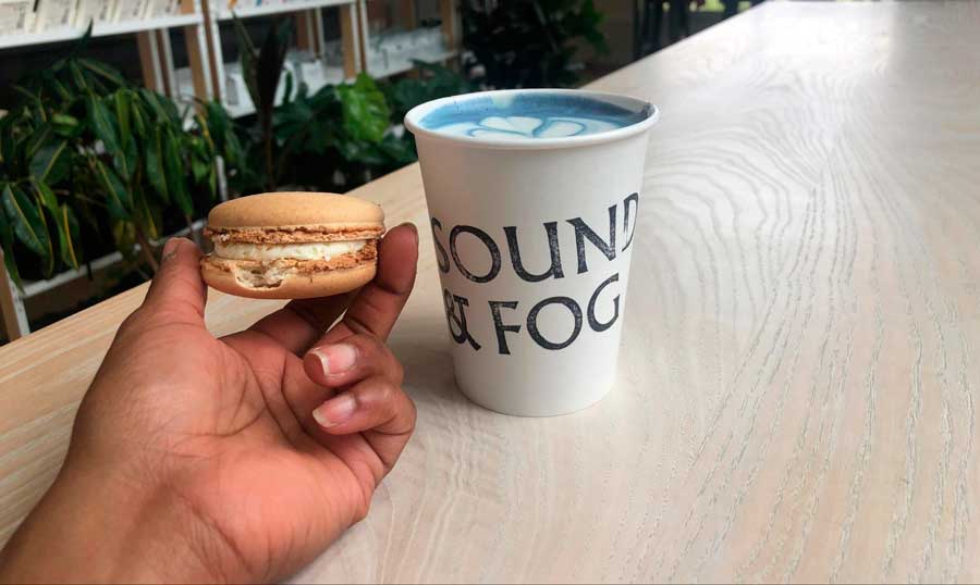 The author holding a macaron beside a cup of coffee