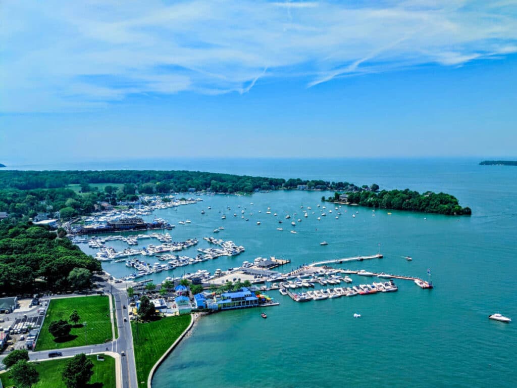 Aerial view of the boats docked at the harbor in South Bass Island State Park