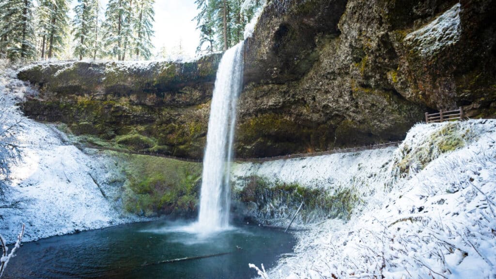 View of the South Falls in Silver Falls State Park during winter season