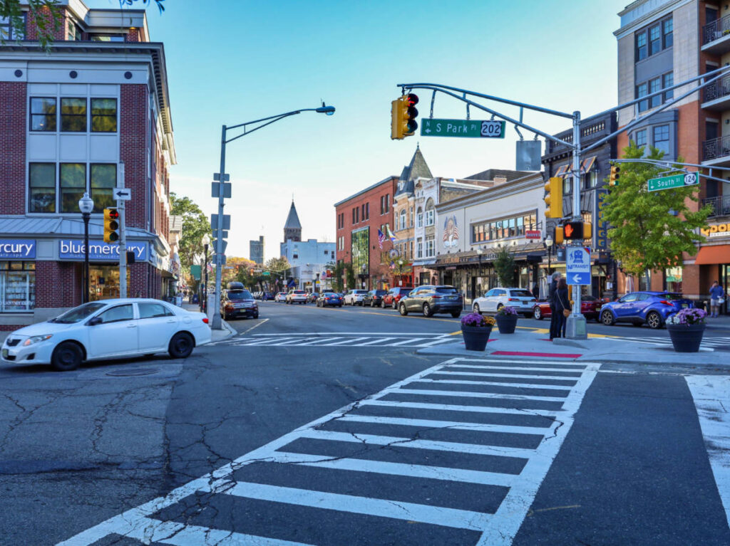 View of the shops and the pedestrian lanes at the South Street of Downtown Morristown