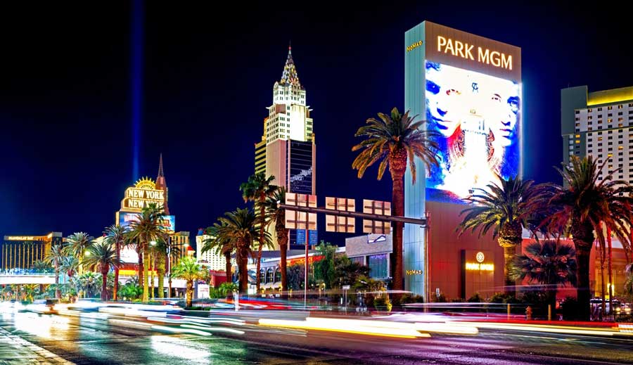Casinos and hotels with lights at night in South Strip Las Vegas