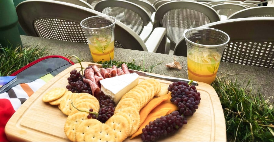 Charcuterie board with two glasses of drinks at the Idaho Shakespeare Festival