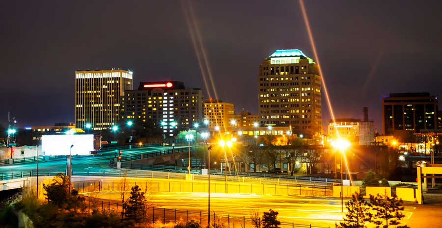 View of buildings from southeast Colorado Springs at night