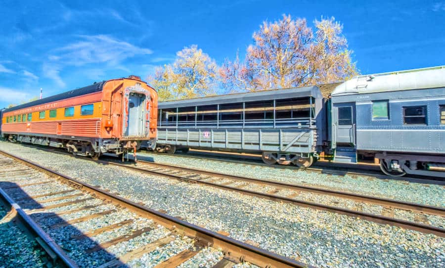 View of the vibrant colored trains on the railway