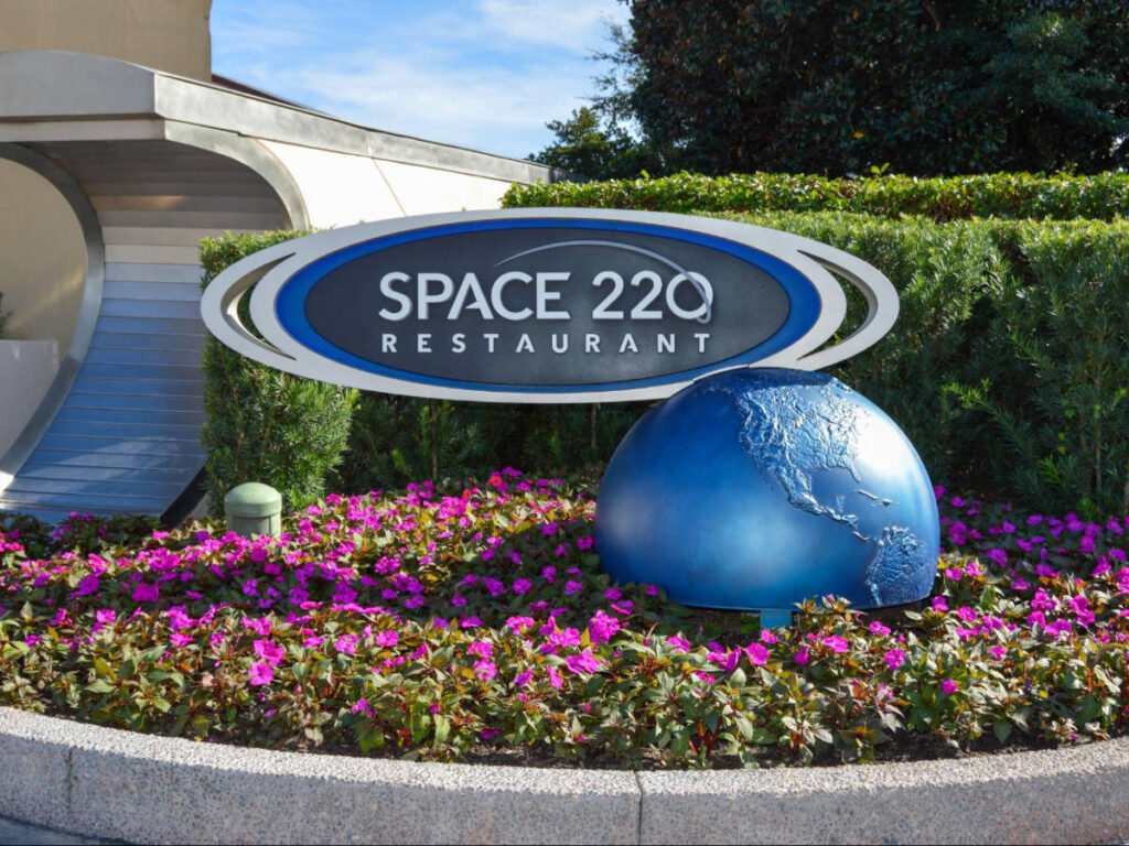 The signage of the Space 220 Restaurant in Epcot