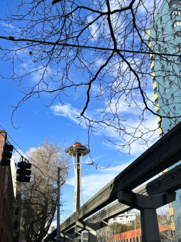 View of the Space Needle from a distance in downtown Seattle