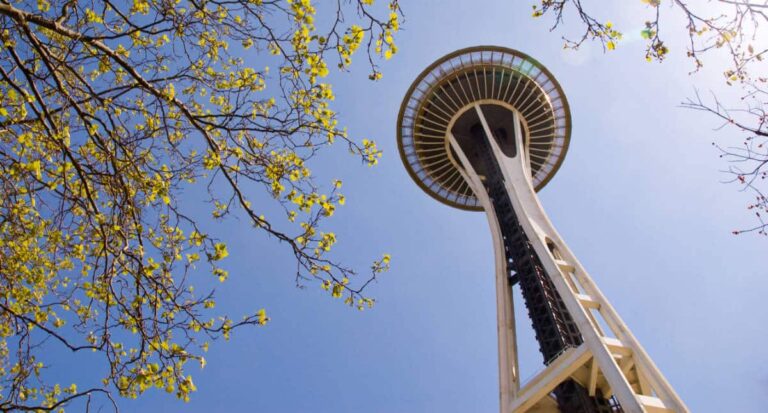 View of the Space Needle from below surrounded with yellow leaves on the trees