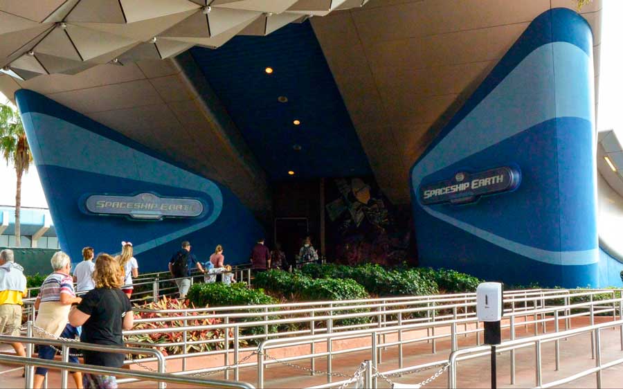 View of people lining up on the entrance of Spaceship Earth