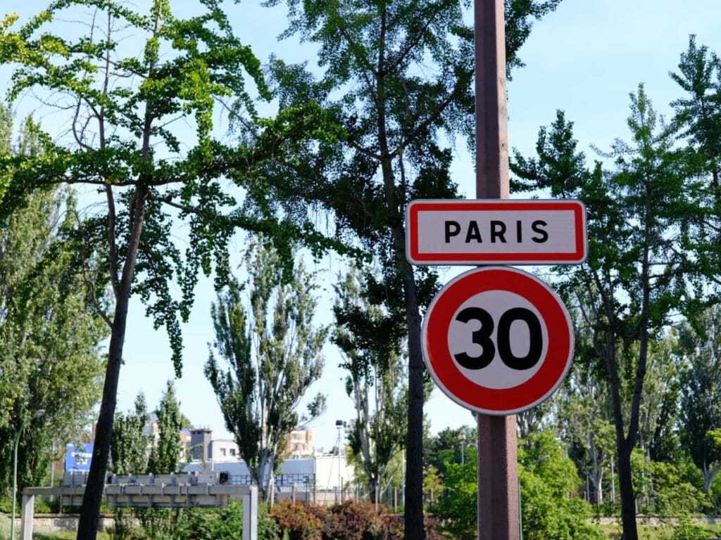 A speed limit road sign in Paris