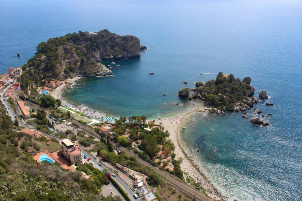 Overlooking view of Spiaggia di Isola Bella and La Isola Bella