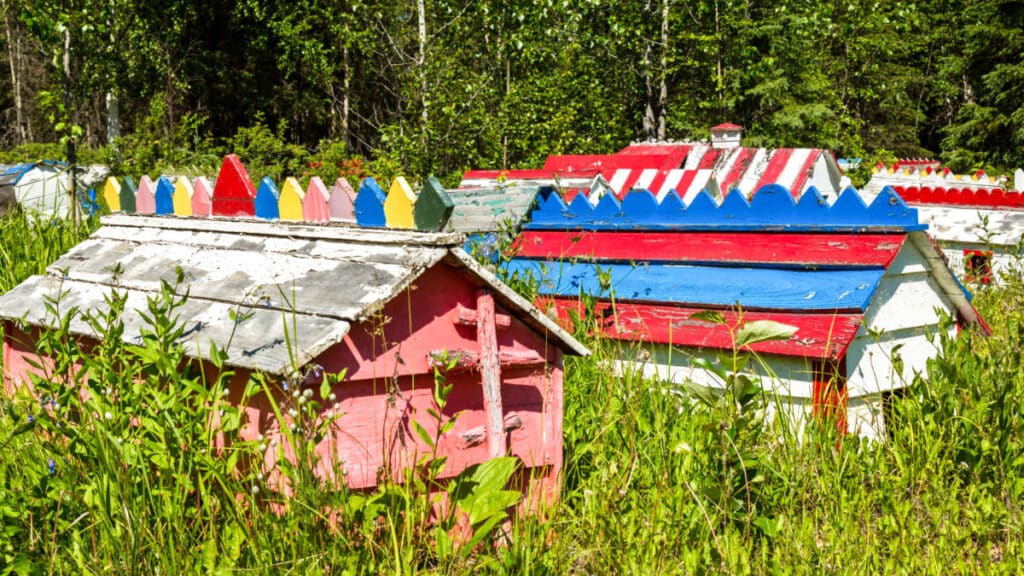 View of the colorful spirit houses” in Eklutna