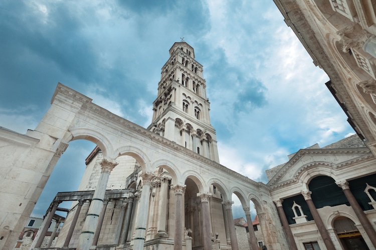 The bell tower of the Diocletian palace in Split juts into the sky