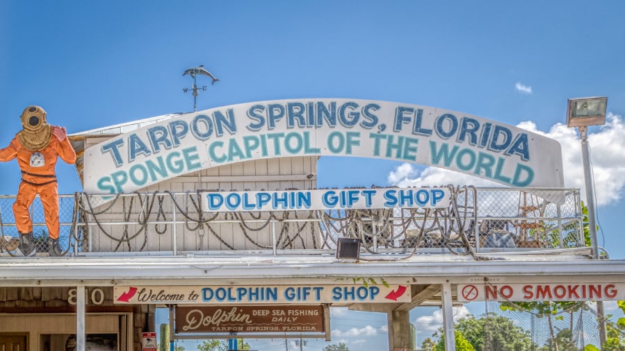 View of the Sponge Capital of the World sign in Tarpon Springs