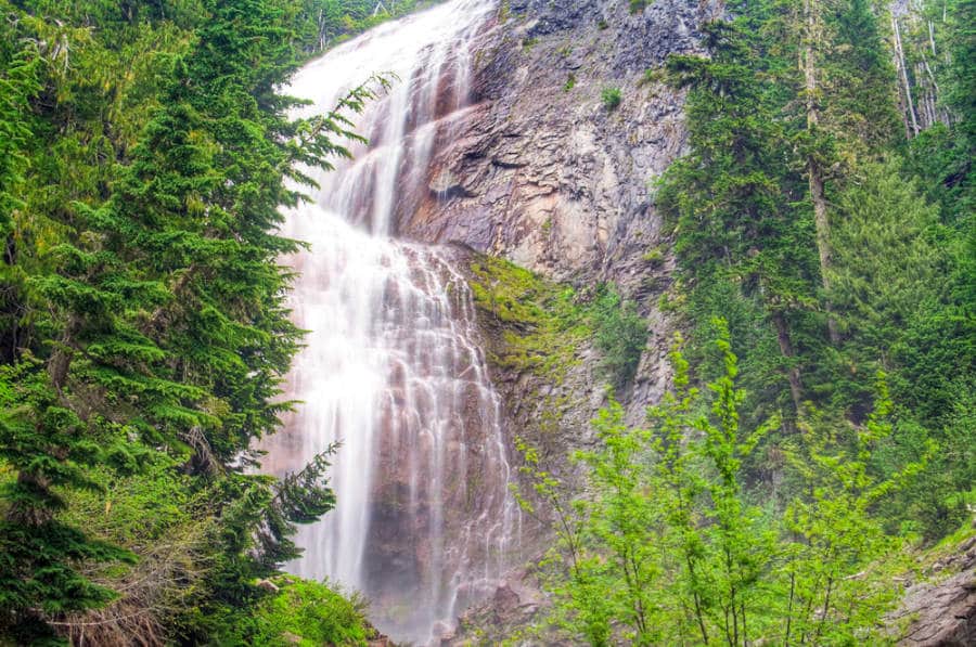 Stunning view of Spray Falls cascading down beautifully in Mt. Rainier National Park
