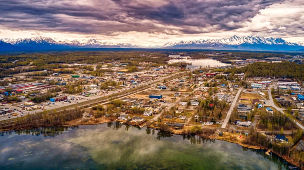 Aerial view of Wasilla with mountain valley in the background