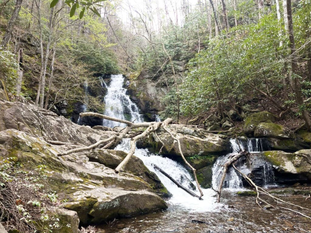 View of the cascading down Spruce Flats Falls