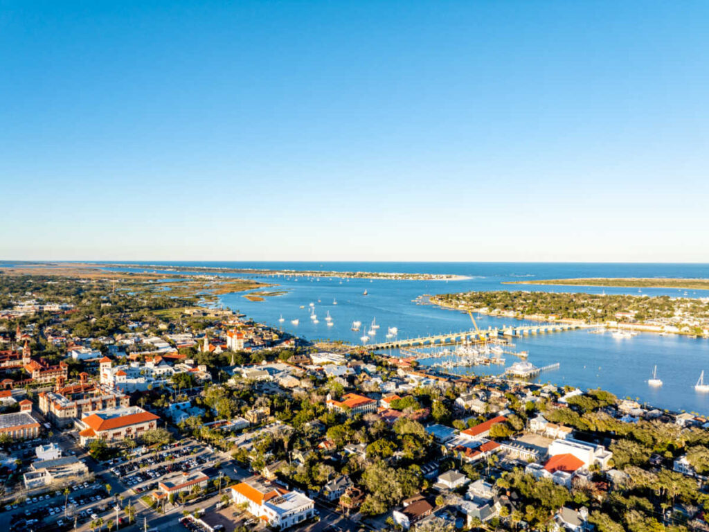 Aerial view of St Augustine, showcasing the city and the surrounding landscape