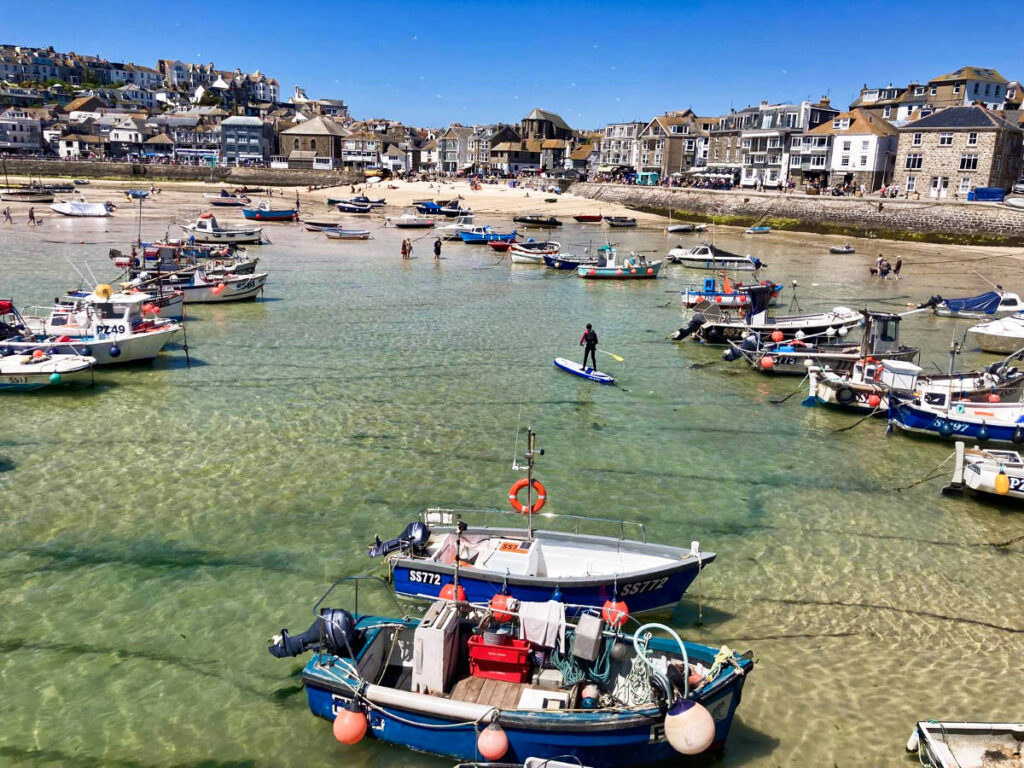 overlooking view of the fishing boats at the St Ives Harbour