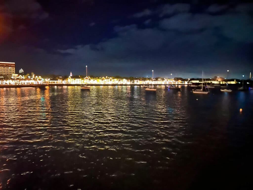 View of the illumintaed St. Augustine from across the water at night