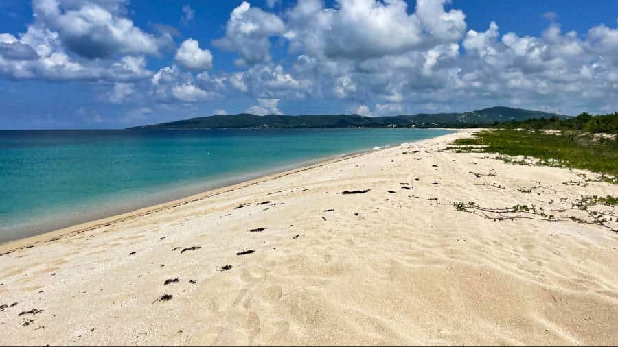 View of the wide stretch of white sand beach of Sandy Point National Wildlife Refuge