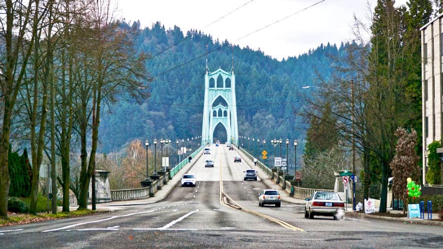 View of the iconic green St. John’s Bridge